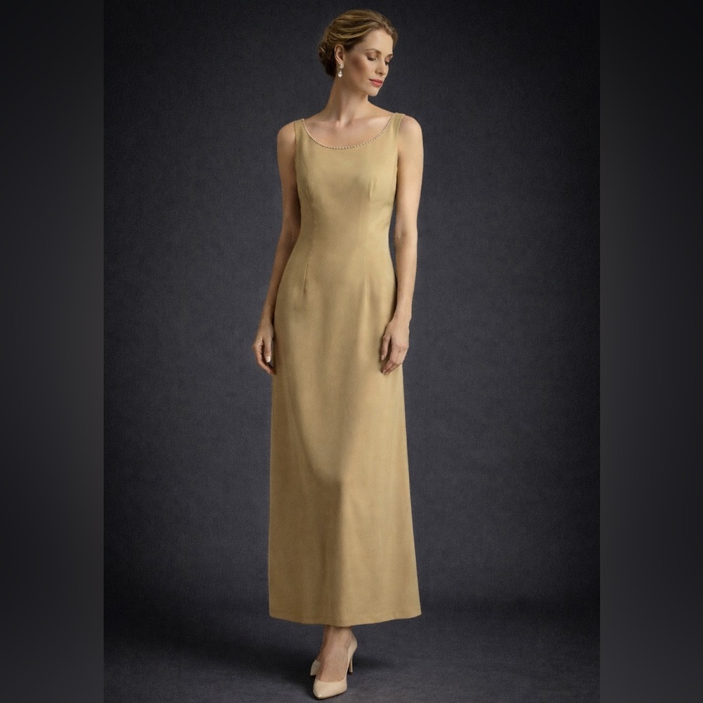 Watters & Watters Long Maxi Evening Wedding Sleeveless Gown Dress 6 Gold Pearls